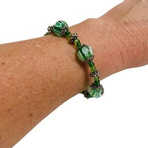 Vintage Green Glass Lampwork Bead Bracelet Green 7”